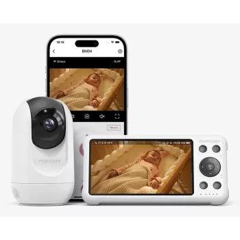 Momcozy BM016-WH12BA-A 5 inch 720p HD vaizdo kūdikio monitorius su pan-tilt-zoom, dvipusiu pokalbiu, temperatūros jutikliu, lopšinėmis ir VOX režimu - baltas