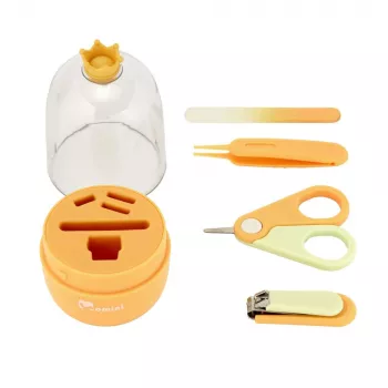 Momini Baby Nail Care Kit Sunny - Elektrinė kūdikių nagų dildė su 6 šlifavimo galvutėmis, 2 greičiais, LED šviesa, balta/geltona