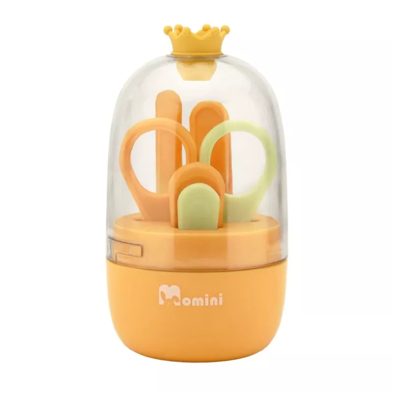 Momini Baby Nail Care Kit Sunny - Elektrinė kūdikių nagų dildė su 6 šlifavimo galvutėmis, 2 greičiais, LED šviesa, balta/geltona
