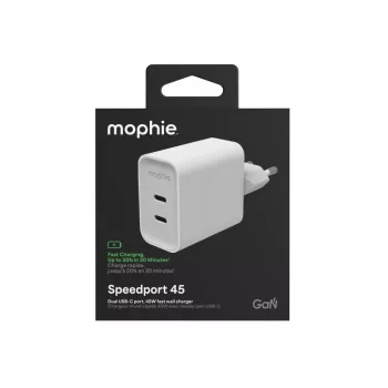 Mophie ROC GaN 45W dviejų USB-C sieninis įkroviklis - baltas