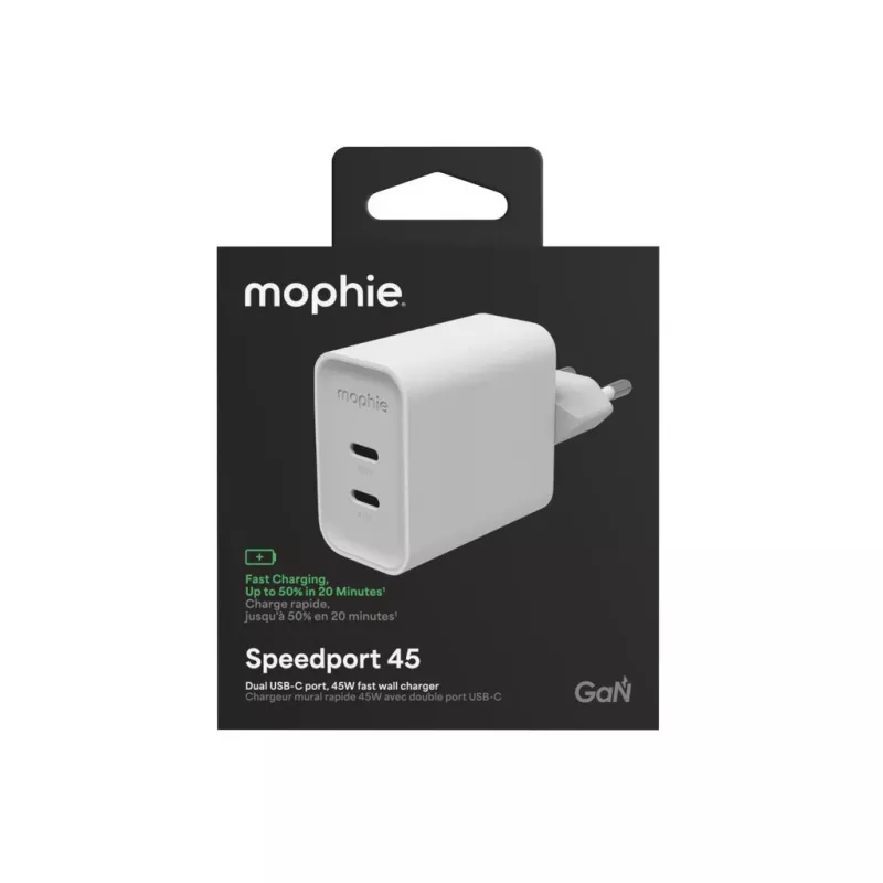 Mophie ROC GaN 45W dviejų USB-C sieninis įkroviklis - baltas