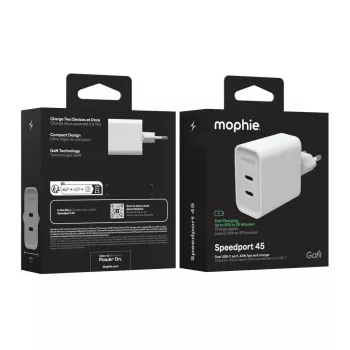 Mophie ROC GaN 45W dviejų USB-C sieninis įkroviklis - baltas