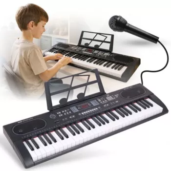 MQ 603 UFB 61 klavišų nešiojama elektrinė klaviatūra su 200 garsų, 200 ritmų, LCD ekranu, įrašymu, mokymosi funkcijomis, mikrofonų įvestimi, USB MP3 atkūrimu ir maitinimo adapteriu - juoda