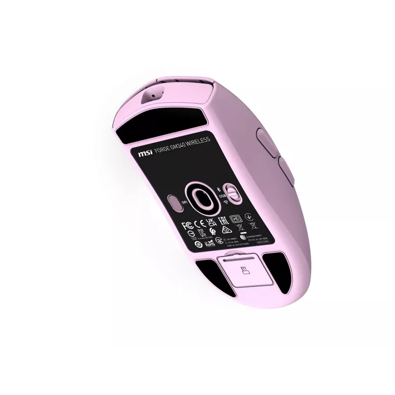 MSI FORGE GM340 W Lengva žaidimų pelė su PixArt PAW-3311 jutikliu, iki 12 000 DPI, trijų režimų belaidis ryšys (2,4 GHz / Bluetooth / USB-C), violetinė