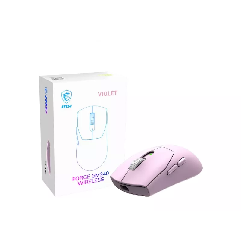 MSI FORGE GM340 W Lengva žaidimų pelė su PixArt PAW-3311 jutikliu, iki 12 000 DPI, trijų režimų belaidis ryšys (2,4 GHz / Bluetooth / USB-C), violetinė