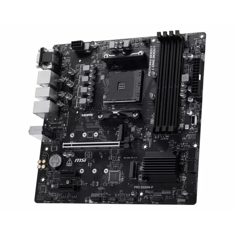 MSI PRO B550M-P pagrindinė plokštė, AMD AM4, B550, Micro-ATX, 4x DDR4, 128GB maks., Dual M.2, Gigabit LAN