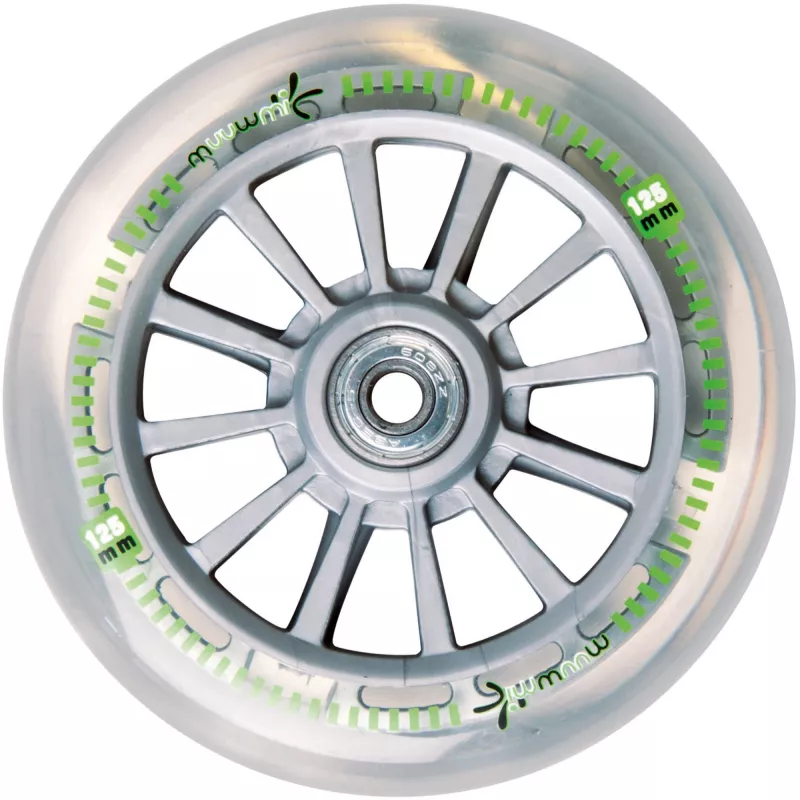 MUUWMI AU 102 aliuminis paspirtukas Neon 125 mm su LED šviečiančiais ratais, sulankstomas, ABEC 5 guoliai, maks. 50 kg, neoninė žalia/juoda