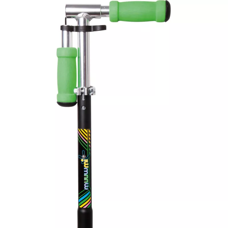 MUUWMI AU 102 aliuminis paspirtukas Neon 125 mm su LED šviečiančiais ratais, sulankstomas, ABEC 5 guoliai, maks. 50 kg, neoninė žalia/juoda