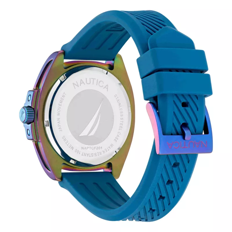 Nautica Men's Porthole Chronograph Quartz Watch NAPTCF201 44mm Blue Dial Silicone Strap