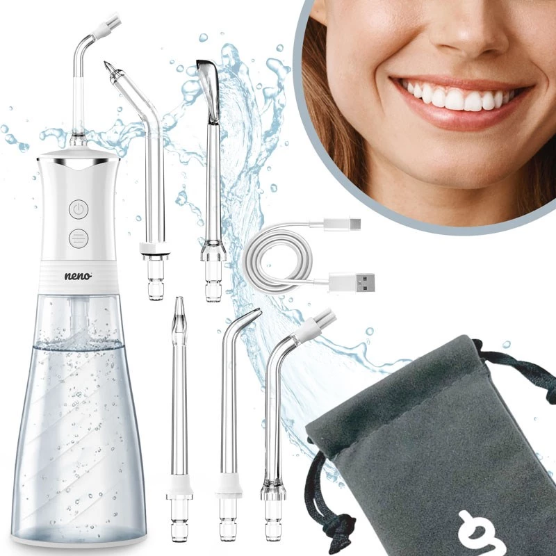 NENO Pulsar White nešiojamas dantų irigatorius su 300 ml talpa, 3 slėgio režimais, USB-C įkrovimu, IPX7 vandeniui atsparus, 4 antgaliai