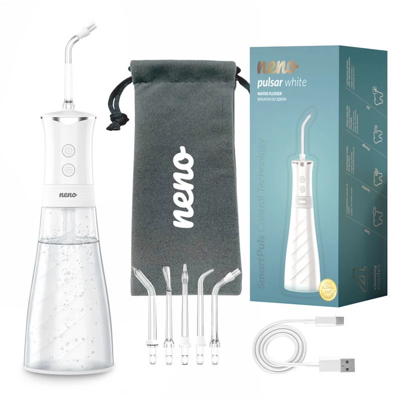 NENO Pulsar White nešiojamas dantų irigatorius su 300 ml talpa, 3 slėgio režimais, USB-C įkrovimu, IPX7 vandeniui atsparus, 4 antgaliai