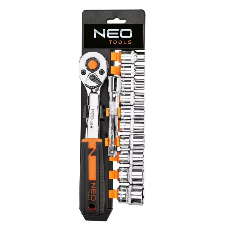 NEO Tools 10-020 219 dalių chromvanadžio lizdų rinkinys su 1/4 inch, 3/8 inch, 1/2 inch pavaromis, reketais, antgaliais, veržliarakčiais, šešiabriauniais rakteliais