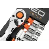 NEO Tools 10-030 219 dalių 1/4 colio, 3/8 colio, 1/2 colio pavaros lizdų ir veržliarakčių rinkinys su reketais, antgaliais ir priedais plastikiniame dėkle