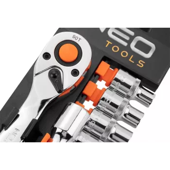 NEO Tools 10-030 219 dalių 1/4 colio, 3/8 colio, 1/2 colio pavaros lizdų ir veržliarakčių rinkinys su reketais, antgaliais ir priedais plastikiniame dėkle