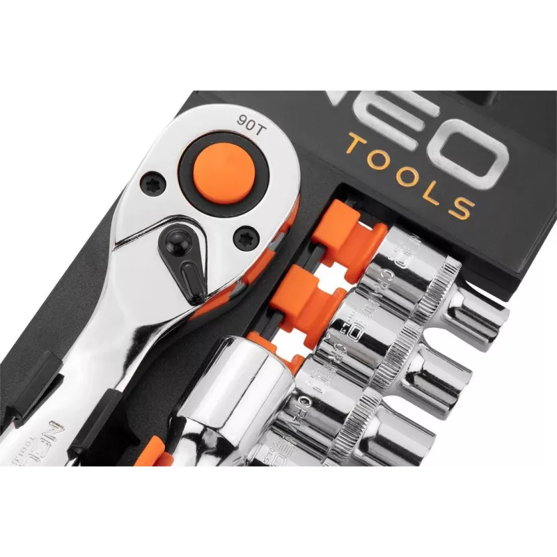 NEO Tools 10-030 219 dalių 1/4 colio, 3/8 colio, 1/2 colio pavaros lizdų ir veržliarakčių rinkinys su reketais, antgaliais ir priedais plastikiniame dėkle