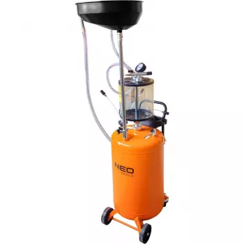 NEO TOOLS 10-811 Mobilus pneumatinis alyvos išsiurbimo įrenginys su kontroliniu rezervuaru, 80L pagrindinis bakas, 10L apžiūros bakas, 6-8 bar oro slėgis, 4 pasukami ratukai