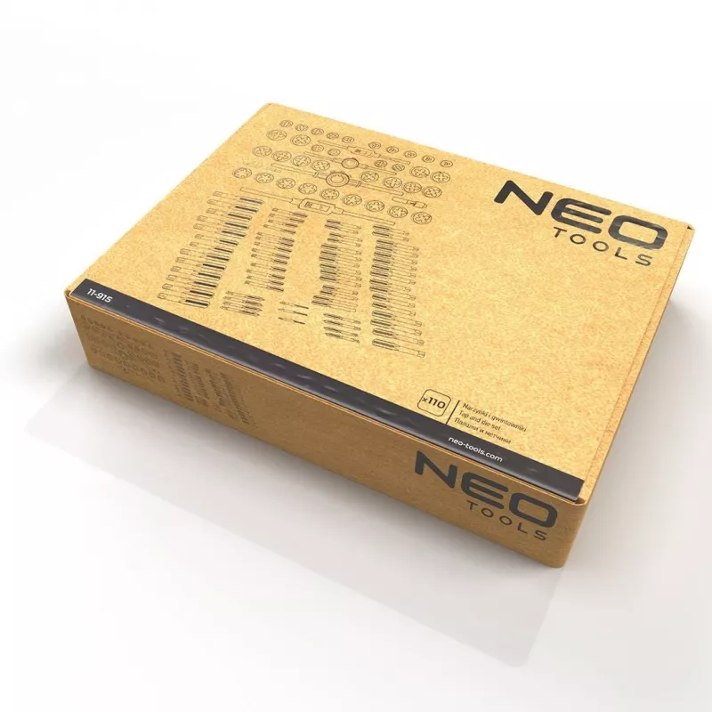 NEO TOOLS 110 dalių metrinis sriegių pjovimo ir remonto rinkinys su HSS įrankiais, reguliuojamais rakteliais ir metaliniu dėklu