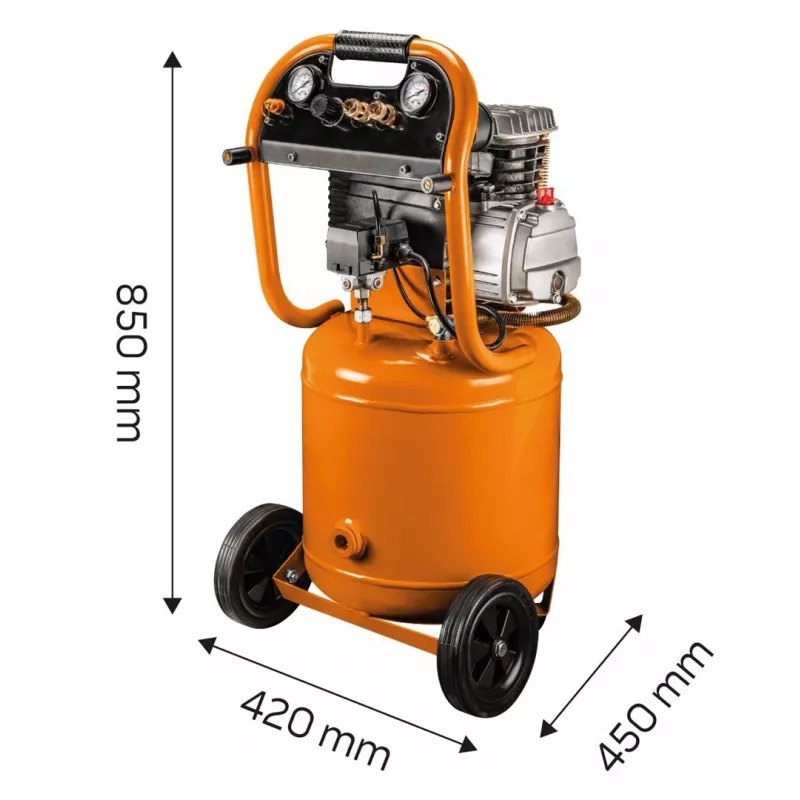 NEO TOOLS 12K010 Vertikalus alyva tepamas oro kompresorius, 40 L bakas, 230 V, 1,5 kW, 8 bar, 206 L/min įsiurbimas, ratai ir rankena