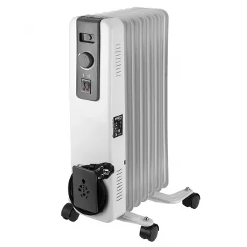 NEO TOOLS 1500W alyvos radiatorius su 7 sekcijomis, 3 šilumos režimais, reguliuojamu termostatu, apsauga nuo perkaitimo, apvirtimo jungikliu, įmontuotais ratukais, baltas