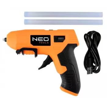 NEO Tools 17-083 20W karštų klijų pistoletas su lašėjimą mažinančiu antgaliu, 11 mm klijų lazdelėmis, integruotu stovu, 230 V, oranžinis/juodas