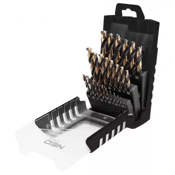NEO TOOLS 25 dalių HSS-CNC metalo grąžtų rinkinys, 124° smaigalio kampas, Pro-Tec, 1,0–13,0 mm