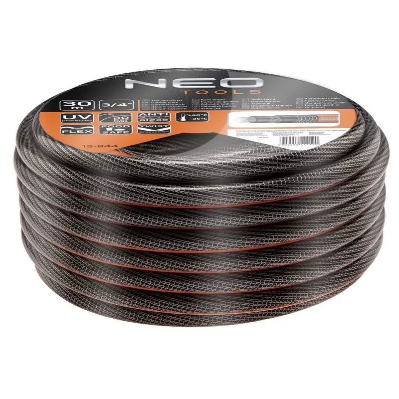 NEO TOOLS 3/4 colio x 30m 6 sluoksnių armuota PVC sodo žarna, 25 barų sprogimo slėgis, atspari UV ir dumbliams, žalia