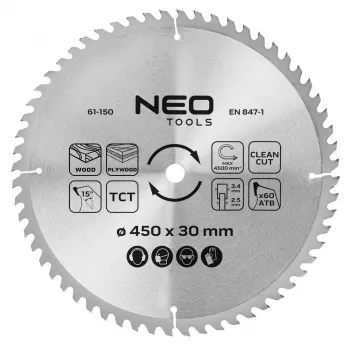 NEO TOOLS 450 mm TCT diskinis pjūklo diskas, 60 dantų, 30 mm anga, medienai