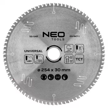 NEO TOOLS 55-548 Diskinis pjūklo diskas su kietlydinio dantimis, 254 mm x 30 mm, 80 dantų, universalus