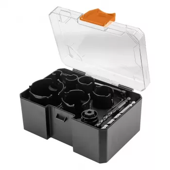 NEO TOOLS 57-923 Karbidiniai skylėtieji pjūkleliai, 11 vnt. (20–64 mm), su 2 įtvarėliais ir dėklu