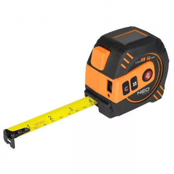 NEO TOOLS 67-100 Lazerinis nuotolio matuoklis su 5 m matavimo juosta, 40 m diapazonas, IP54, apšviestas LCD, 2 klasės lazeris, 2 x AAA