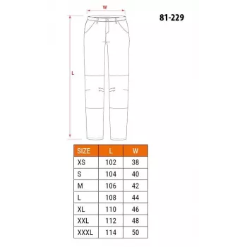 NEO TOOLS 81-229-XXL apsauginės kelnės, 100% medvilnė, 270 g/m², pilkos/juodos su oranžiniais akcentais, sustiprinti keliai, kelios kišenės, CE sertifikuota, dydis XXL