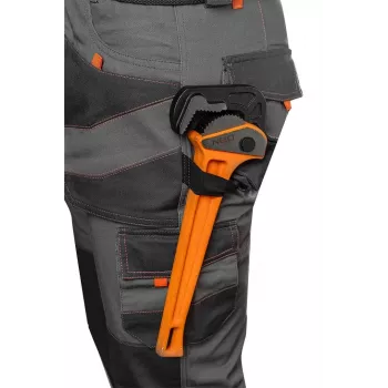 NEO TOOLS 81-325-S apsauginės kelnės, dydis S, pilkos su oranžiniais akcentais, 65% poliesteris 35% medvilnė, 245 g/m², 9 kišenės, kelių apsaugų kišenės, EN ISO 13688:2013