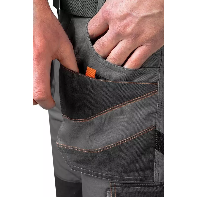 NEO TOOLS 81-325-S apsauginės kelnės, dydis S, pilkos su oranžiniais akcentais, 65% poliesteris 35% medvilnė, 245 g/m², 9 kišenės, kelių apsaugų kišenės, EN ISO 13688:2013