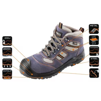 NEO TOOLS 82-046 S1P SRC apsauginiai batai su plieniniu pirštu ir antipradūrimo padu, zomšinė oda ir tinklelis, juoda/pilka, EU 39-47