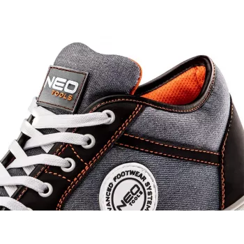 NEO TOOLS 82-111 S1P SRC apsauginiai batai su plieniniu pirštu ir antipradūrimo padu, zomšinė oda, juoda/oranžinė