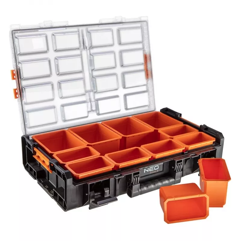 NEO Tools 84-268 meno ir amatų reikmenų organizatorius su 18 reguliuojamų skyrių, permatomu dangteliu ir nešimo rankena