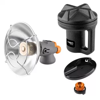 NEO TOOLS 90-134 Nešiojamas dujinis spinduliuojamasis šildytuvas su pjezo uždegimu, 1,7 kW, keramine plokšte, skirtas butano/propano balionėliams, juodos/raudonos spalvos