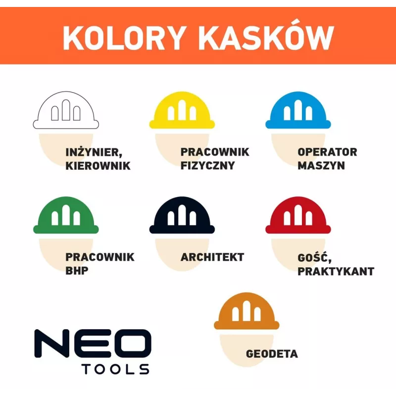 NEO TOOLS 97-211 Vėdinamas pramoninis apsauginis šalmas su 6 taškų reketine pakaba, EN 397, baltas