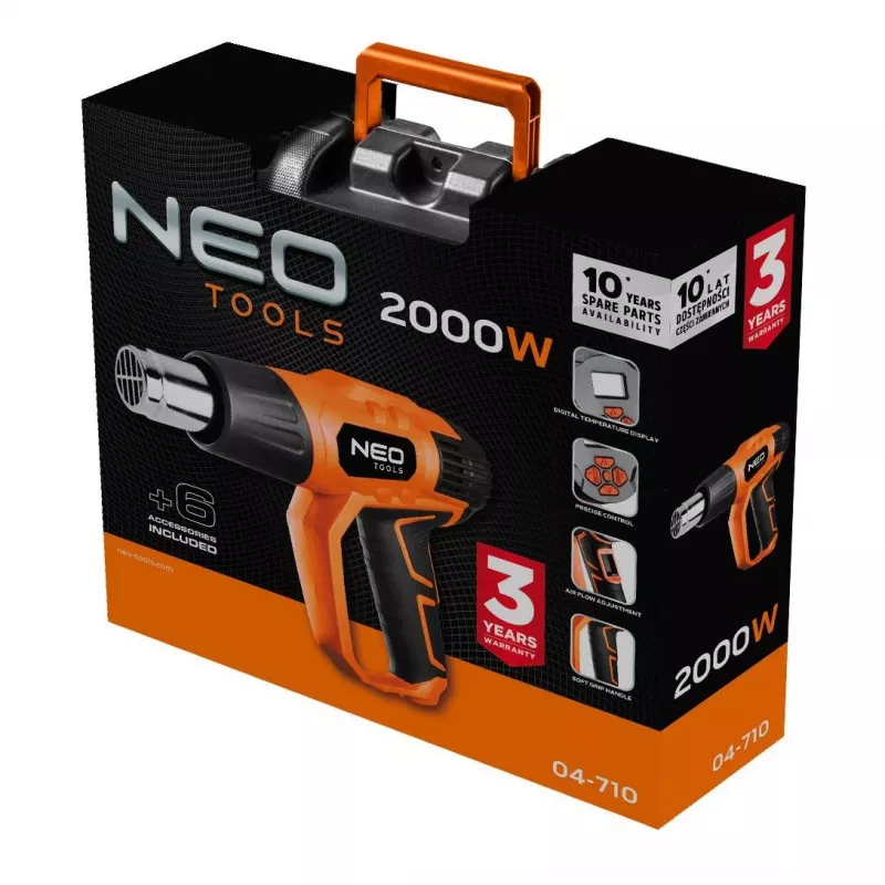 NEO TOOLS karšto oro pistoletas 2000W su LCD ekranu, 50°C ir 70-600°C, 4 antgaliai, grandiklis, nešiojimo dėklas