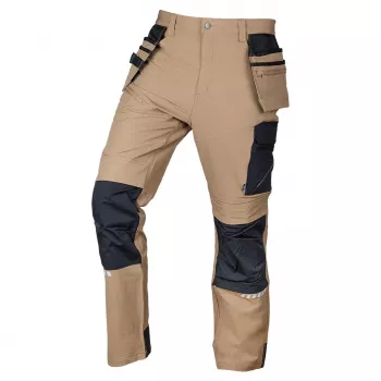 NEO TOOLS Mix&Match 4-Way Stretch Work Trousers with Holster Pockets, Cordura Reinforced, Beige/Black, Size S
