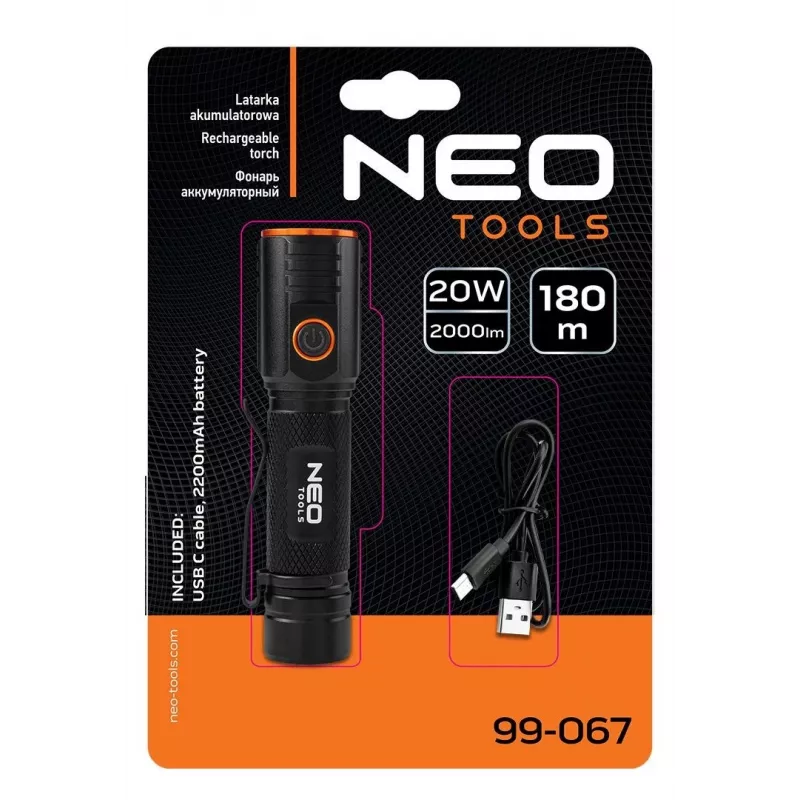NEO TOOLS USB C 2000 lm CHN LED įkraunamas žibintuvėlis