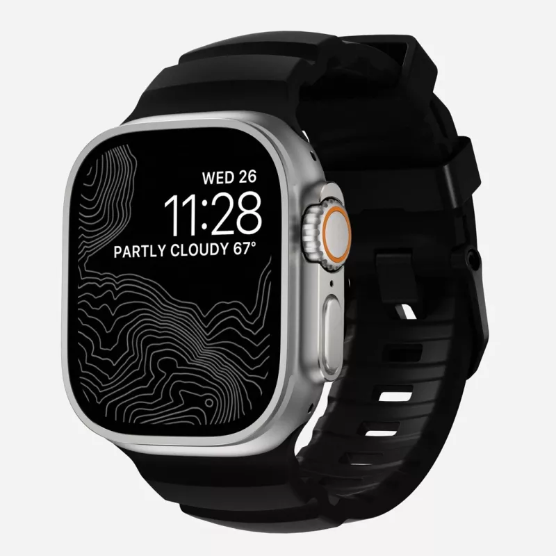 NOMAD Rocky Point Band, skirtas Apple Watch 46mm/49mm, su FKM ir titanu (anglies juoda, juoda apkaustai)