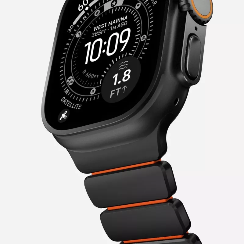 NOMAD Stratos Band - Titano apyrankė, skirta Apple Watch 49mm su FKM (Juodas titanas, Ultra oranžinis FKM)