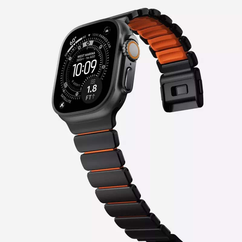 NOMAD Stratos Band - Titano apyrankė, skirta Apple Watch 49mm su FKM (Juodas titanas, Ultra oranžinis FKM)