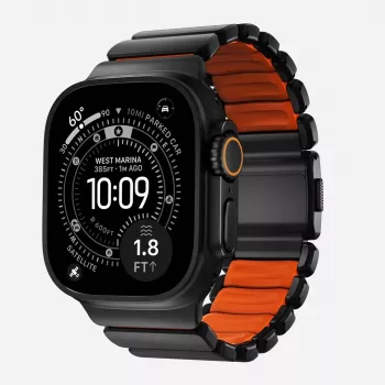 NOMAD Stratos Band - Titano apyrankė, skirta Apple Watch 49mm su FKM (Juodas titanas, Ultra oranžinis FKM)