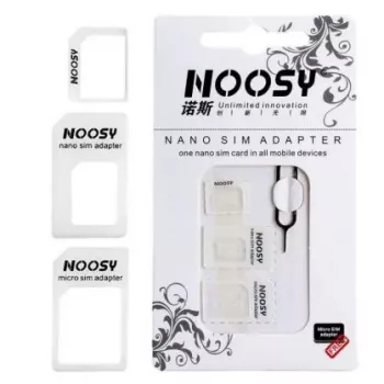 Noosy NS-SIM-WH SIM kortelių adapterių rinkinys baltas (Nano/Micro į Micro/Standard, 3 adapteriai + ištraukimo smeigtukas)