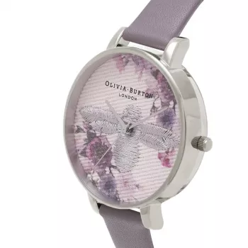 Olivia Burton Enchanted Garden moteriškas laikrodis OB16EM05 - 38mm rožinio aukso nerūdijančio plieno korpusas, baltas gėlių ciferblatas, audinės pilkos spalvos odinis dirželis