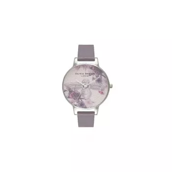 Olivia Burton Enchanted Garden moteriškas laikrodis OB16EM05 - 38mm rožinio aukso nerūdijančio plieno korpusas, baltas gėlių ciferblatas, audinės pilkos spalvos odinis dirželis