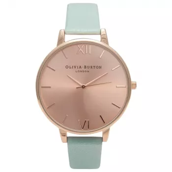OLIVIA BURTON Moteriškas didelio ciferblato laikrodis OB15BD75 38mm rožinio aukso spalvos nerūdijančio plieno korpusas, pilkas odinis dirželis