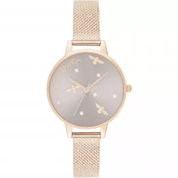 OLIVIA BURTON Moteriškas Celestial laikrodis OB16PQ04 - 34mm Rožinio aukso spalvos nerūdijančio plieno korpusas, Pilkas odinis dirželis, Kvarcinis analoginis